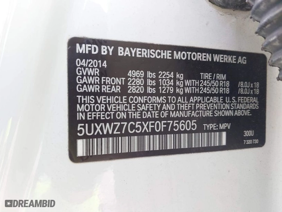 2015 BMW X3 sDrive28i with VIN 5UXWZ7C5XF0F75605, listed as a IAAI auction lot 41458124 with 155,927 mi miles. Bid and sale history available at carsss.com. Image 9.