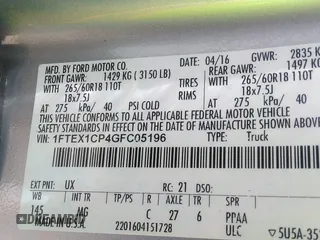 2016 Ford F-150 XL with VIN 1FTEX1CP4GFC05196, listed as a IAAI auction lot 41814514 with 206,486 mi miles and . Bid and sale history available at carsss.com. Image 9.