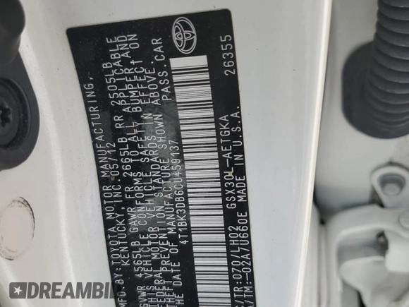 2012 Toyota Avalon with VIN 4T1BK3DB6CU459137, listed as a Copart auction lot 60541695 with 105,848 mi miles and Non repairable. Bid and sale history available at DreamBid. Image 13.