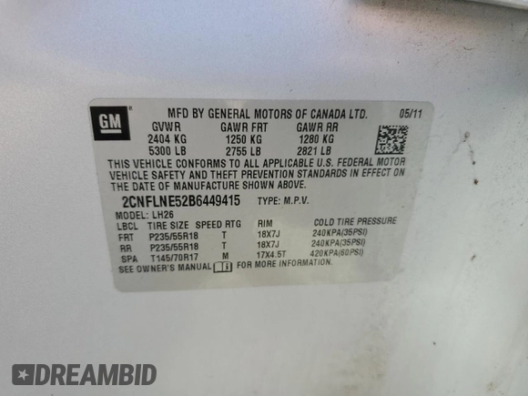 2011 Chevrolet Equinox 2LT with VIN 2CNFLNE52B6449415, listed as a Copart auction lot 54055555 with 25,311 mi miles and Clean Title. Bid and sale history available at DreamBid. Image 12.