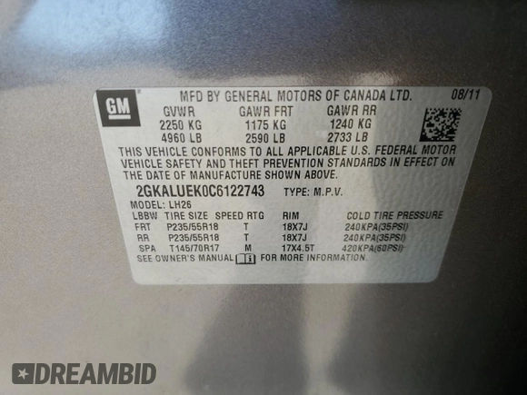 2012 GMC Terrain SLT-1 with VIN 2GKALUEK0C6122743, listed as a Copart auction lot 56112855 with 95,131 mi miles and Salvage title. Bid and sale history available at DreamBid. Image 13.