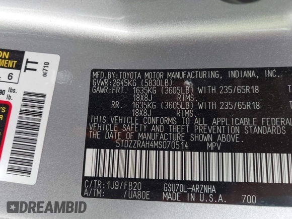 2021 Toyota Highlander L with VIN 5TDZZRAH4MS070514, listed as a IAAI auction lot 41810925 with 60,950 mi miles and . Bid and sale history available at DreamBid. Image 9.