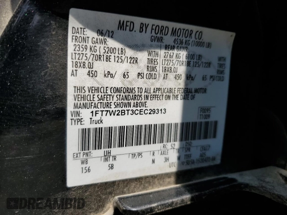 2012 Ford F-250 XL with VIN 1FT7W2BT3CEC29313, listed as a Copart auction lot 59520865 with 171,911 mi miles and Salvage title. Bid and sale history available at DreamBid. Image 12.