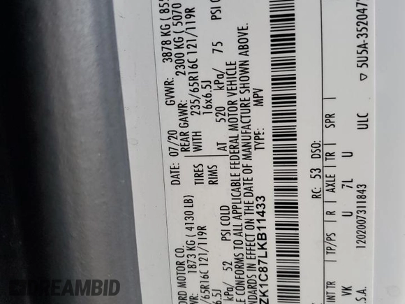 2020 Ford Transit z VIN 1FMZK1C87LKB11433, wystawiony jako Copart lot #85380574 z przebiegiem Nie podano mil oraz Szkoda całkowita • Salvage title. Historia ofert i sprzedaży dostępna na DreamBid. Obrazek 13.