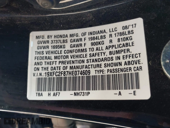2017 Honda Civic EX with VIN 19XFC2F87HE074609, listed as a IAAI auction lot 41401057 with 107,927 mi miles and . Bid and sale history available at DreamBid. Image 9.