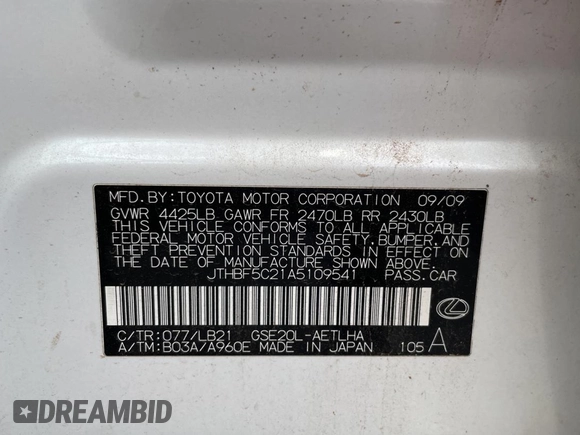 2010 Lexus IS 250 with VIN JTHBF5C21A5109541, listed as a Copart auction lot 60734025 with 243,289 mi miles and Clean title. Bid and sale history available at DreamBid. Image 10.
