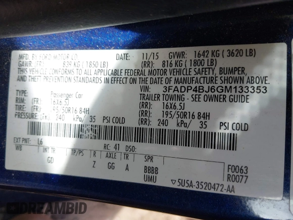 2016 Ford Fiesta SE with VIN 3FADP4BJ6GM133353, listed as a IAAI auction lot 41879544 with 95,550 mi miles and . Bid and sale history available at DreamBid. Image 9.