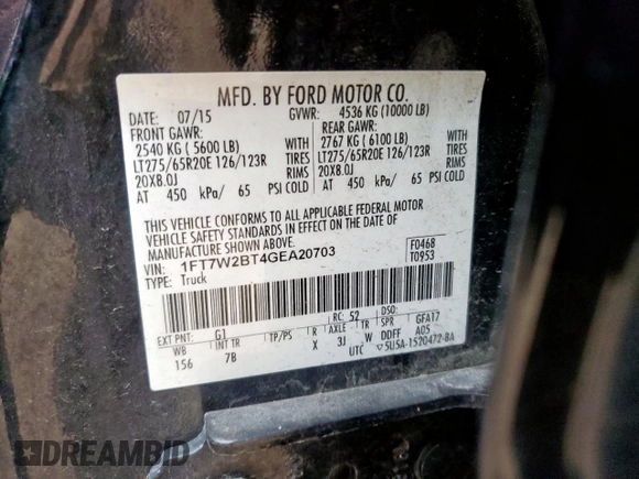 2016 Ford F-250 Lariat with VIN 1FT7W2BT4GEA20703, listed as a Copart auction lot 60414485 with 164,936 mi miles and Salvage title. Bid and sale history available at DreamBid. Image 13.