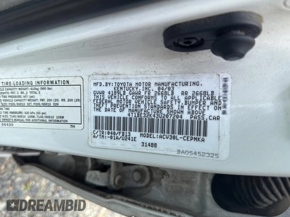2003 Toyota Camry LE with VIN 4T1BE32K43U207204, listed as a Copart auction lot 57167845 with 189,656 mi miles and Clean Title. Bid and sale history available at DreamBid. Image 10.