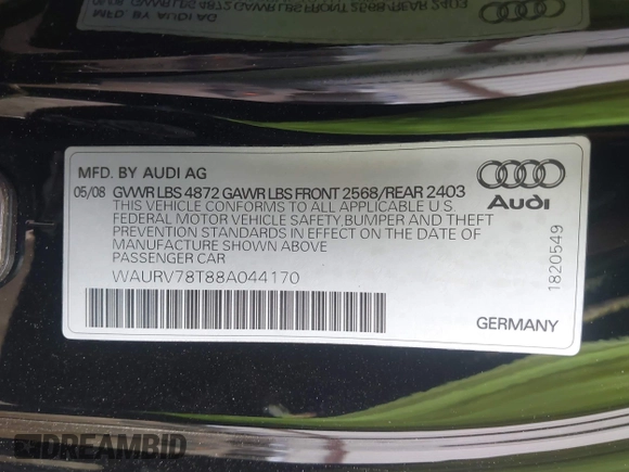 2008 Audi S5 with VIN WAURV78T88A044170, listed as a IAAI auction lot 41884128 with 70,103 mi miles. Bid and sale history available at carsss.com. Image 9.