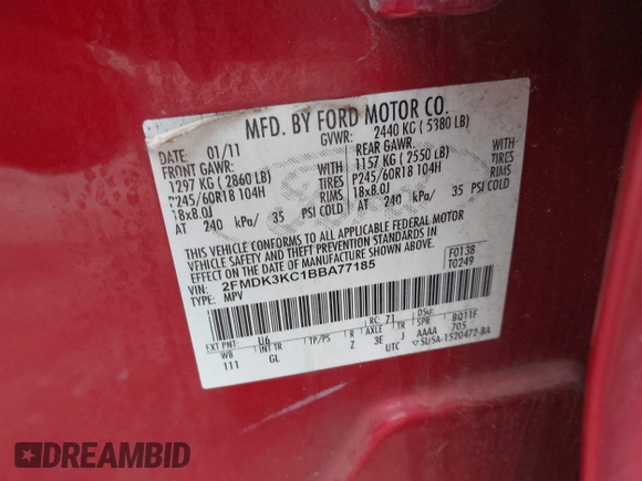 2011 Ford Edge Limited with VIN 2FMDK3KC1BBA77185, listed as a IAAI auction lot 42151642 with 113,902 mi miles and . Bid and sale history available at DreamBid. Image 9.