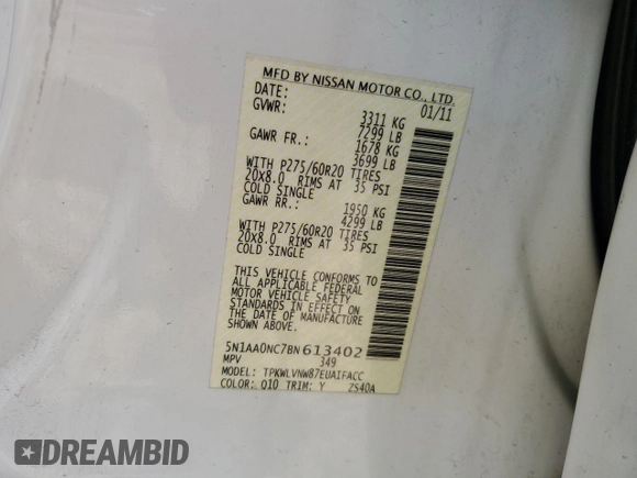 2011 Nissan Armada Platinum z VIN 5N1AA0NC7BN613402, wystawiony jako Copart lot #53395735 z przebiegiem 203 583 mil mil oraz Szkoda całkowita • Salvage title. Historia ofert i sprzedaży dostępna na DreamBid. Obrazek 15.
