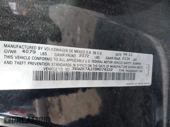 2011 Volkswagen Jetta Sedan S with VIN 3VW2K7AJ7BM374332, listed as a IAAI auction lot 41541354 with 142,306 mi miles. Bid and sale history available at carsss.com. Image 9.