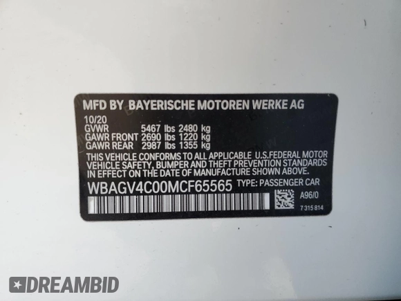 2021 BMW 8 Series 840i z VIN WBAGV4C00MCF65565, wystawiony jako Copart lot #72652692 z przebiegiem Nie podano mil oraz . Historia ofert i sprzedaży dostępna na DreamBid. Obrazek 12.
