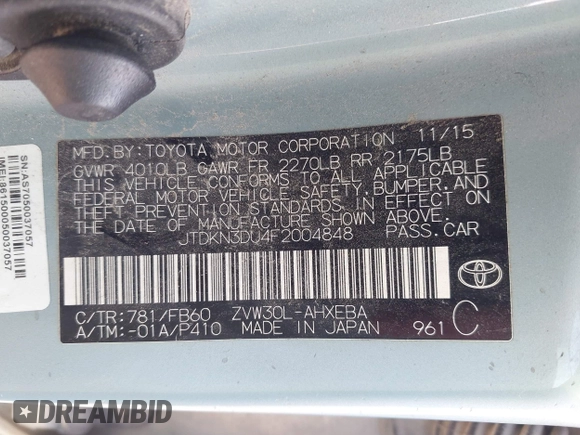 2015 Toyota Prius Four with VIN JTDKN3DU4F2004848, listed as a IAAI auction lot 42377225 with 196,511 mi miles and . Bid and sale history available at DreamBid. Image 9.
