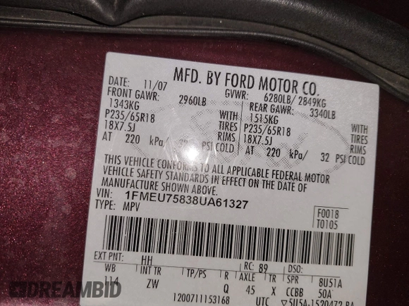 2008 Ford Explorer Limited z VIN 1FMEU75838UA61327, wystawiony jako IAAI lot #41405518 z przebiegiem 194 829 mil mil oraz . Historia ofert i sprzedaży dostępna na DreamBid. Obrazek 9.