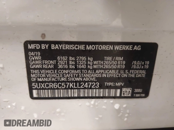2019 BMW X5 xDrive40i with VIN 5UXCR6C57KLL24723, listed as a IAAI auction lot 42010807 with 49,257 mi miles and . Bid and sale history available at DreamBid. Image 9.