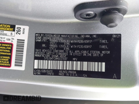 2021 Toyota Sienna XLE with VIN 5TDJSKFC8MS037697, listed as a IAAI auction lot 41711070 with 29,198 mi miles. Bid and sale history available at carsss.com. Image 9.