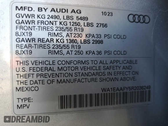 2024 Audi Q5 S line Premium Plus with VIN WA1EAAFY5R2036249, listed as a Copart auction lot 54436925 with 6,945 mi miles and Salvage title. Bid and sale history available at DreamBid. Image 13.