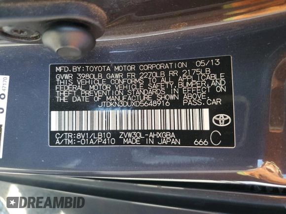 2013 Toyota Prius One with VIN JTDKN3DUXD5648916, listed as a Copart auction lot 64271535 with 249,001 mi miles and Salvage title. Bid and sale history available at DreamBid. Image 14.