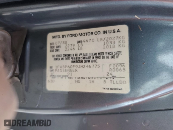 1988 Ford Thunderbird with VIN 1FABP60F9JH246775, listed as a Copart auction lot 77428264 with Not Provided miles and Salvage Title. Bid and sale history available at DreamBid. Image 12.