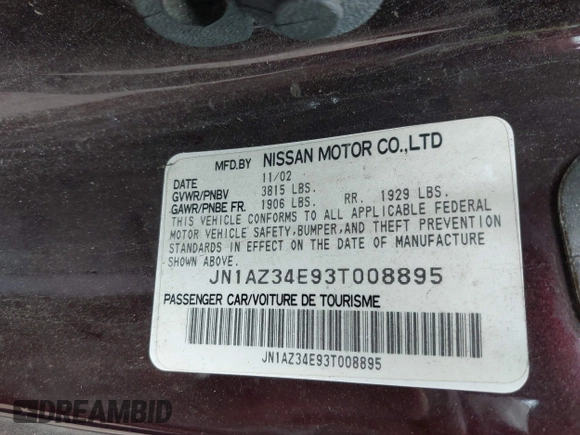 2003 Nissan 350Z Touring z VIN JN1AZ34E93T008895, wystawiony jako IAAI lot #42345352 z przebiegiem 168 530 mil mil oraz . Historia ofert i sprzedaży dostępna na DreamBid. Obrazek 9.