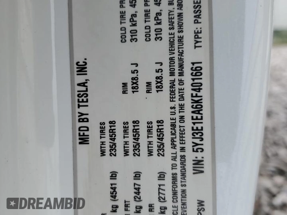 2019 Tesla Model 3 Mid Range with VIN 5YJ3E1EA6KF401661, listed as a Copart auction lot 54421225 with Not Provided miles and Clean Title. Bid and sale history available at DreamBid. Image 13.