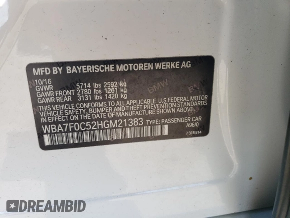 2017 BMW 7 Series 750i with VIN WBA7F0C52HGM21383, listed as a Copart auction lot 85540974 with 151,708 mi miles and Salvage title. Bid and sale history available at DreamBid. Image 14.