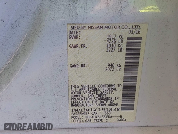 2016 Nissan Altima SV with VIN 1N4AL3AP1GC191838, listed as a IAAI auction lot 40991495 with 206,581 mi miles and . Bid and sale history available at DreamBid. Image 9.