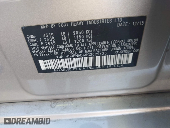 2016 Subaru Legacy Premium with VIN 4S3BNAD60G3029425, listed as a IAAI auction lot 42339408 with 74,900 mi miles and . Bid and sale history available at DreamBid. Image 9.