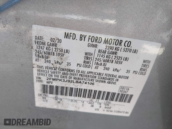 2020 Ford Edge SEL with VIN 2FMPK3J92LBA74106, listed as a IAAI auction lot 42157636 with 92,305 mi miles and . Bid and sale history available at DreamBid. Image 9.