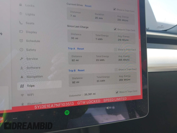 2022 Tesla Model 3 with VIN 5YJ3E1EA7NF103513, listed as a IAAI auction lot 41643592 with 35,631 mi miles and . Bid and sale history available at DreamBid. Image 7.