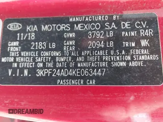 2019 Kia Forte LXS z VIN 3KPF24AD4KE063447, wystawiony jako IAAI lot #42278872 z przebiegiem 70 362 mil mil oraz . Historia ofert i sprzedaży dostępna na DreamBid. Obrazek 9.