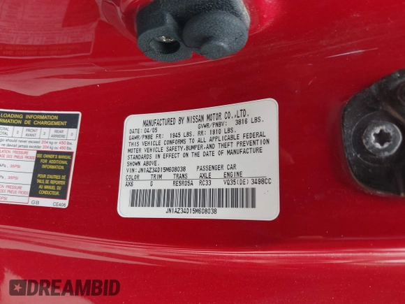 2005 Nissan 350Z Enthusiast z VIN JN1AZ34D15M608038, wystawiony jako IAAI lot #42312878 z przebiegiem 189 946 mil mil oraz . Historia ofert i sprzedaży dostępna na DreamBid. Obrazek 9.