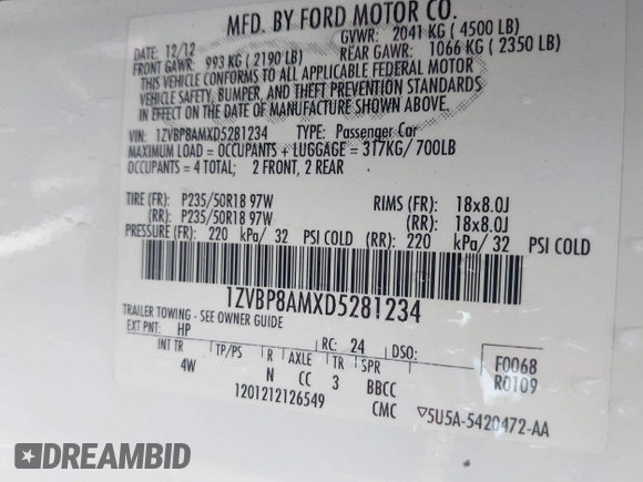2013 Ford Mustang V6 with VIN 1ZVBP8AMXD5281234, listed as a IAAI auction lot 42260113 with 124,188 mi miles and . Bid and sale history available at DreamBid. Image 9.
