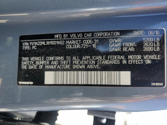 2017 Volvo S90 Inscription with VIN YV1A22MLXH1001462, listed as a Copart auction lot 54111203 with 88,634 mi miles. Bid and sale history available at carsss.com. Image 12.