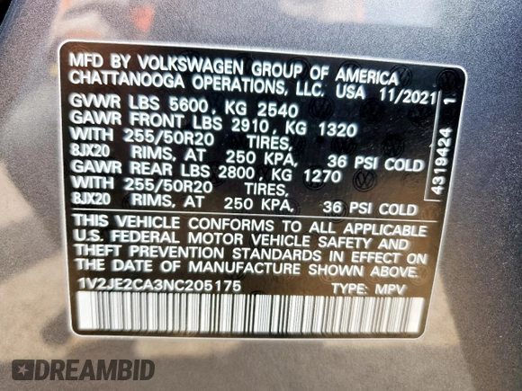 2022 Volkswagen Atlas SE with VIN 1V2JE2CA3NC205175, listed as a Copart auction lot 57333305 with 45,161 mi miles and Salvage title. Bid and sale history available at DreamBid. Image 13.