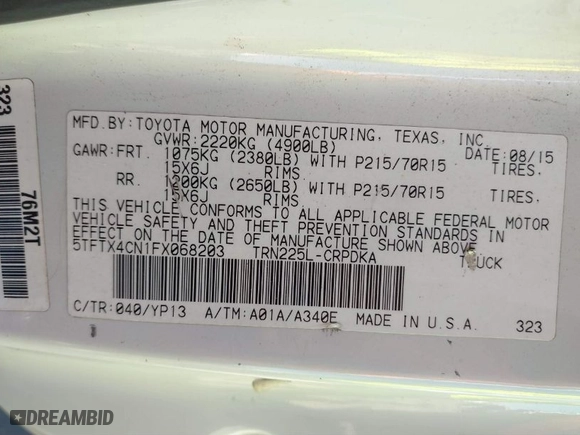 2015 Toyota Tacoma with VIN 5TFTX4CN1FX068203, listed as a IAAI auction lot 41846971 with NaN miles. Bid and sale history available at carsss.com. Image 9.