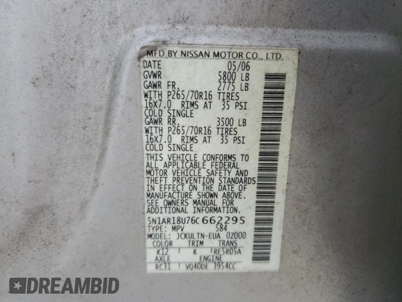 2006 Nissan Pathfinder SE z VIN 5N1AR18U76C662295, wystawiony jako Copart lot #53984805 z przebiegiem 314 037 mil mil oraz Szkoda całkowita • Salvage title. Historia ofert i sprzedaży dostępna na DreamBid. Obrazek 14.