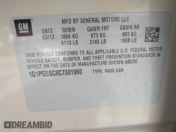 2012 Chevrolet Cruze 2LT with VIN 1G1PG5SC8C7301960, listed as a IAAI auction lot 42184204 with 172,483 mi miles and . Bid and sale history available at DreamBid. Image 9.