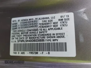 2013 Honda Odyssey EX z VIN 5FNRL5H40DB038886, wystawiony jako IAAI lot #41761738 z przebiegiem 244 107 mil mil oraz . Historia ofert i sprzedaży dostępna na DreamBid. Obrazek 9.