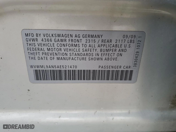 2010 Volkswagen CC Sport with VIN WVWML9AN5AE521470, listed as a Copart auction lot 46289665 with 185,584 mi miles and Clean Title. Bid and sale history available at carsss.com. Image 12.