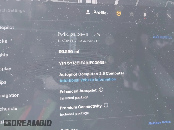 2018 Tesla Model 3 Long Range Battery with VIN 5YJ3E1EA9JF009384, listed as a IAAI auction lot 41544624 with 66,896 mi miles and . Bid and sale history available at DreamBid. Image 15.