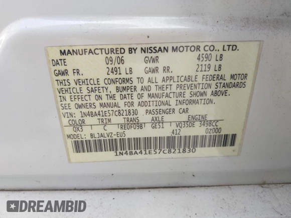 2007 Nissan Maxima 3.5 SE with VIN 1N4BA41E57C821830, listed as a IAAI auction lot 41609251 with 232,052 mi miles. Bid and sale history available at carsss.com. Image 9.