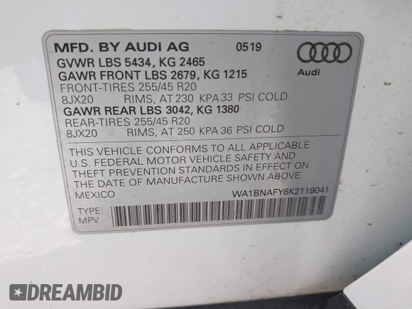 2019 Audi Q5 Premium Plus with VIN WA1BNAFY6K2119041, listed as a IAAI auction lot 42023058 with 48,718 mi miles. Bid and sale history available at carsss.com. Image 9.