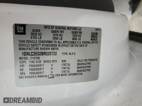 2011 Chevrolet Tahoe Commercial with VIN 1GNLC2E02BR326722, listed as a Copart auction lot 54741835 with 259,010 mi miles and Salvage title. Bid and sale history available at DreamBid. Image 13.