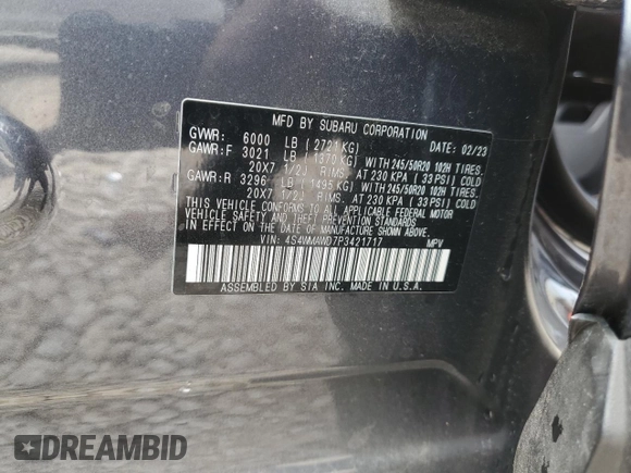 2023 Subaru Ascent Touring с VIN 4S4WMAWD7P3421717, выставлен на аукционе Copart как лот 55840935 с пробегом 24 051 миль миль и Списание • Salvage title. История ставок и продаж доступна на DreamBid. Изображение 13.