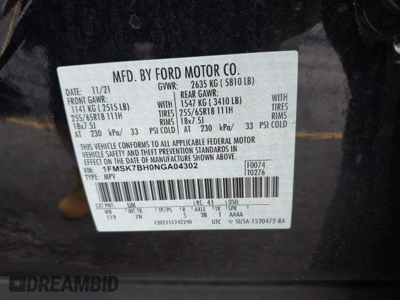 2022 Ford Explorer с VIN 1FMSK7BH0NGA04302, выставлен на аукционе IAAI как лот 42444457 с пробегом 55 346 миль миль и . История ставок и продаж доступна на DreamBid. Изображение 9.