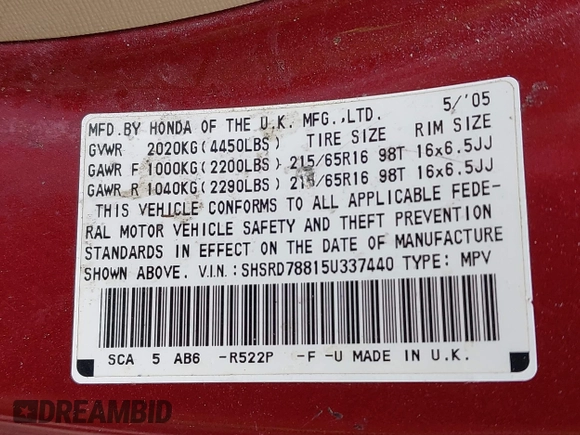 2005 Honda CR-V EX with VIN SHSRD78815U337440, listed as a IAAI auction lot 41917604 with 226,000 mi miles. Bid and sale history available at carsss.com. Image 9.