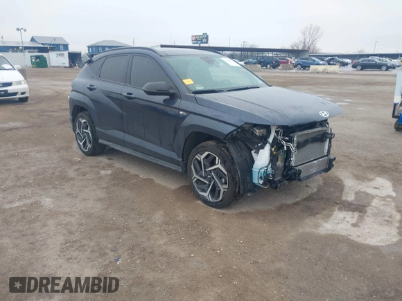 2024 Hyundai Kona N Line with VIN KM8HACA31RU055035, listed as a IAAI auction lot 41593771 with 7,730 mi miles and . Bid and sale history available at carsss.com. Image 1.
